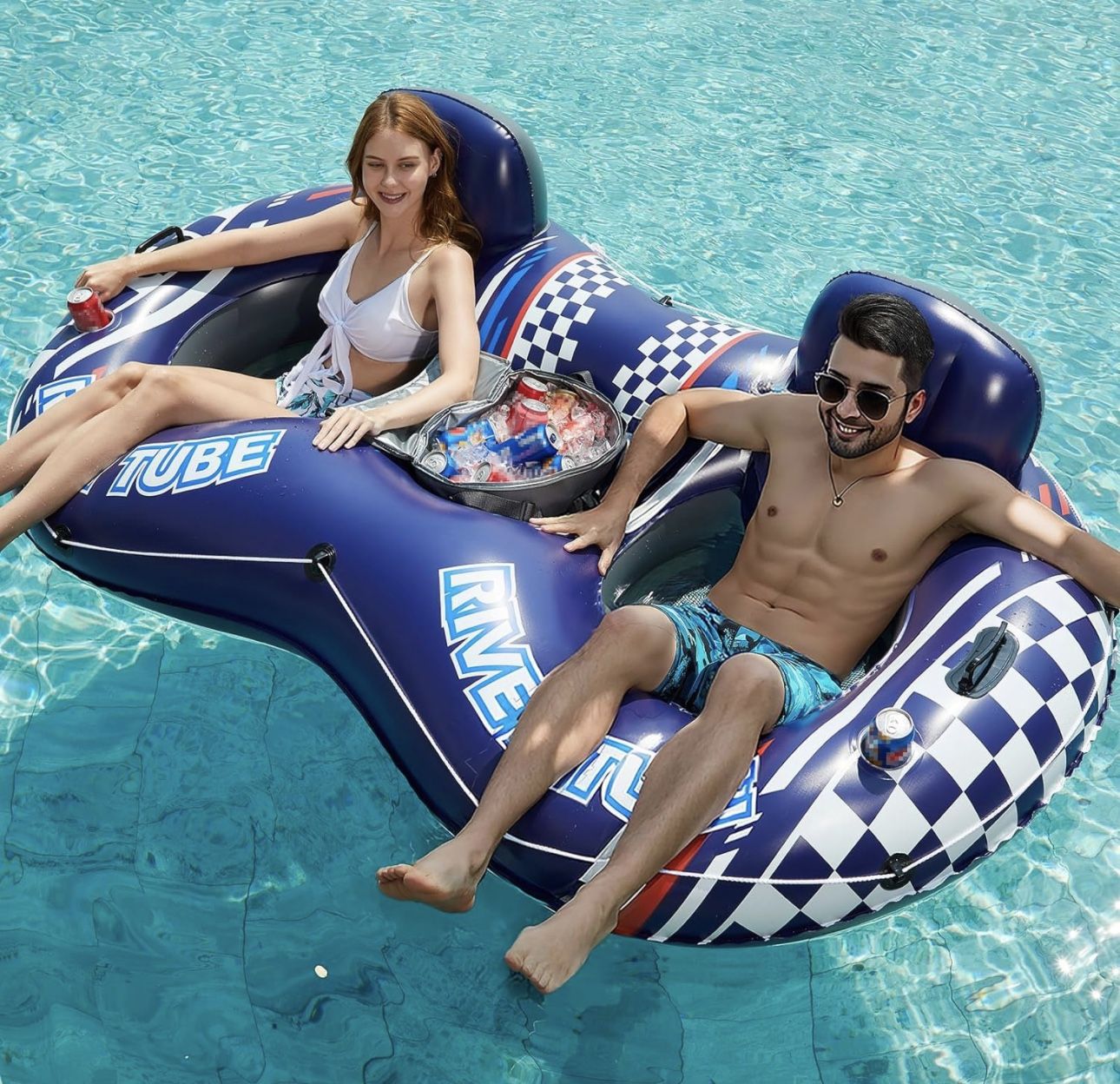 BRAND NEW 2 Person Heavy Duty River Float Pool Floats with Removable Cooler Bag & 2 Cup Holders