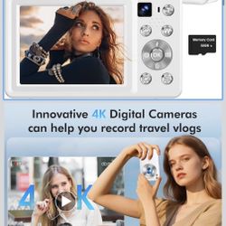 🔥Brand new🔥 4K Digital Camera, 64MP Autofocus Vlogging Camera with Dual Lens, 16X Digital Zoom YouTube Compact Travel Point Shoot Camera for Teens B
