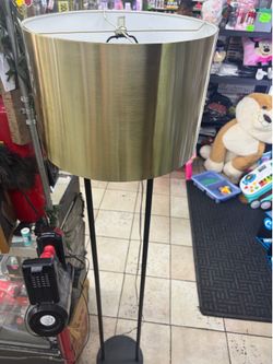 Modern Brushed Gold Drum Shade Floor Lamp - Black Metal Base