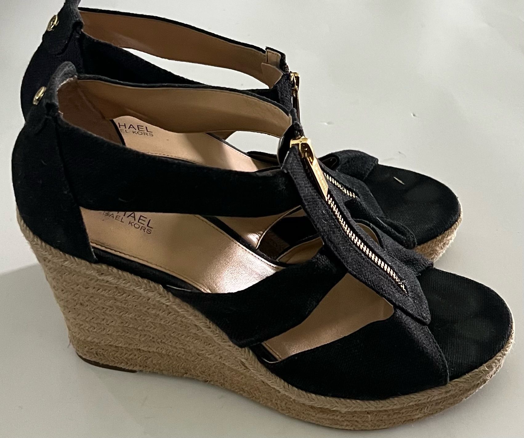 Michael Kors Espadrille Wedge Front Zipper Damita Black Sandals Size 10