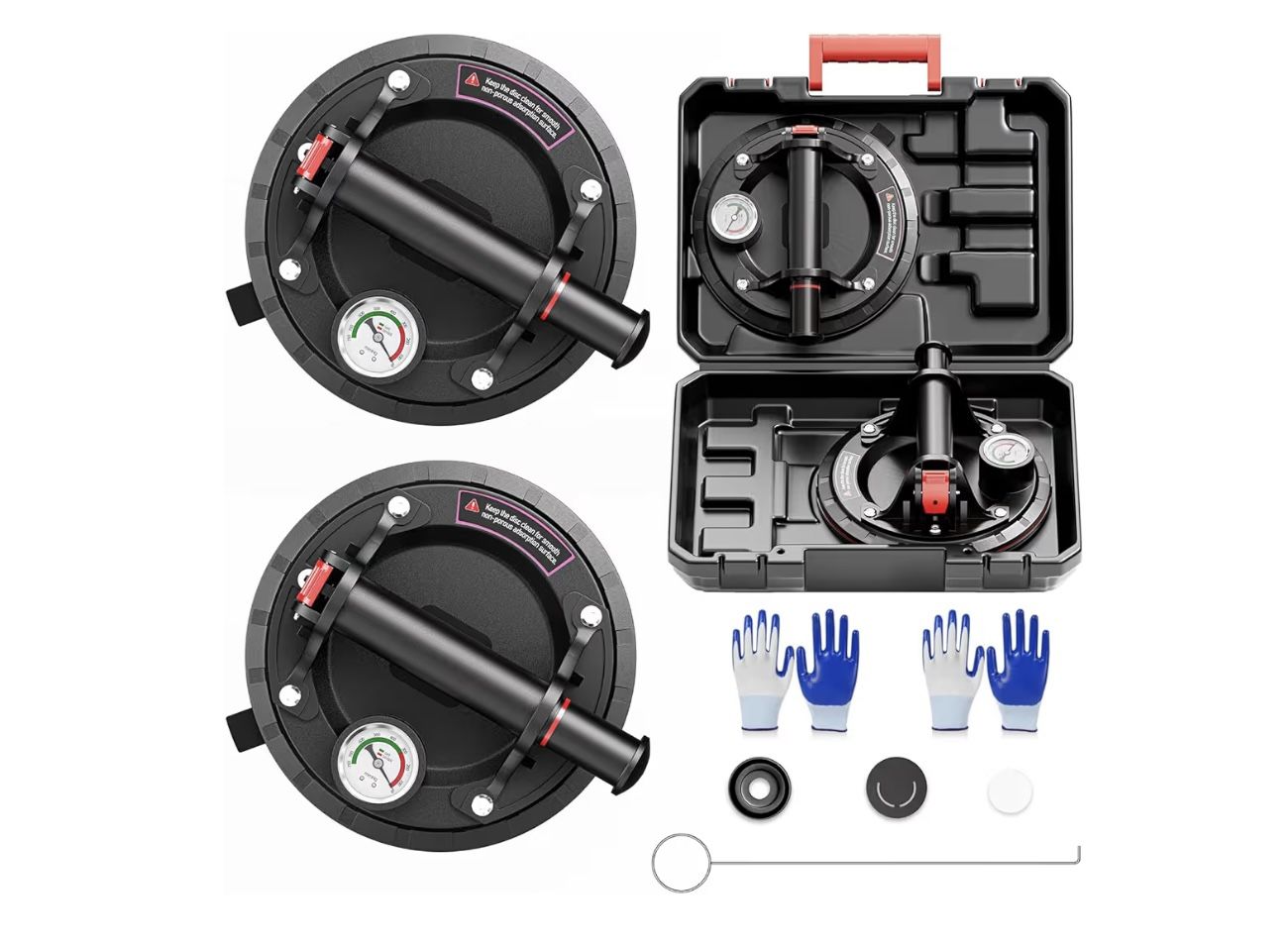 8" Heavy Duty Glass Suction Cups 2 Pack with Pressure Gauge for Lifting Large Tile, Marble, Windows, 880 lbs Load Capacity, Industrial Vacuum Lifter w