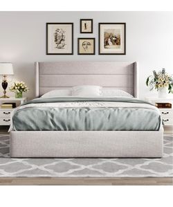 Queen Sz modern wingback lift up storage bed