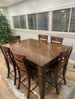 Brown Wood Wooden Table And Matching Six Chairs 