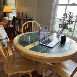 sturdy solid wood dining table + chairs, farmhouse style