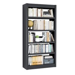 5 Tier Metal Bookshelf, 61" Tall Black Bookcase with Bookends, Adjustable Storage Shelves, Modern Book Case for Small Space