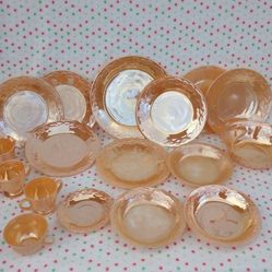 VINTAGE Peach Luster Fire King Lot Of 17 Pieces Laurel Leaf Teacup Set + Dinner