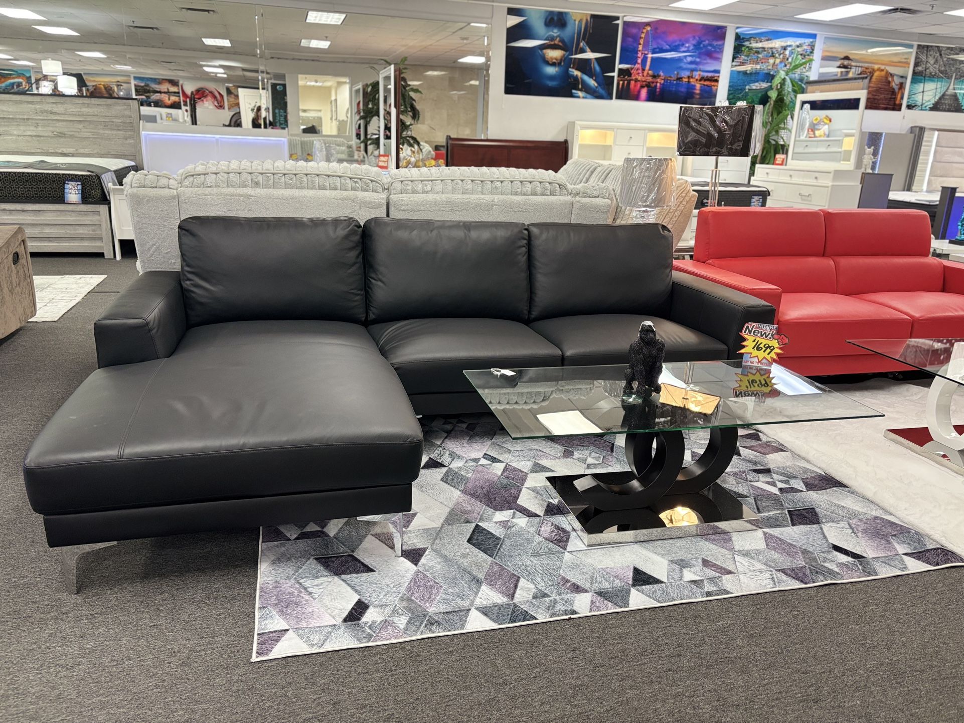 Black L- Shaped Sectional Sofa ( Real Leather) For Sale