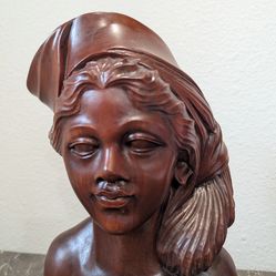 Vintage Hand Carved Balinese Bali A. Fatimah Hard Wood Female/Woman Bust Sculpture 11”