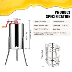 VEVOR Manual Honey Extractor, 2/4 Frames Honey Spinner Extractor, Stainless Steel Beekeeping Extraction, Honeycomb Drum Spinner with Lid, Apiary Centr