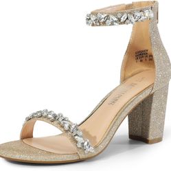 DREAM PAIRS Women's Chunk Low Heel Pump Sandals, Size 9- Gold