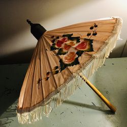 Antique Silk Painted Wood Umbrella 