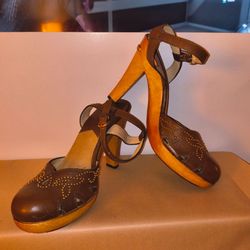 Michael Kors Studded Mary Jane Wooden Clog Heels Size 7.5 Brown Leather