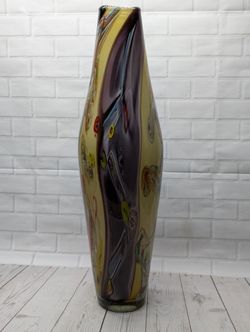 Hand Blown Mid Century Modern Style Art Glass Vase With Earth Tone Swirls 24"