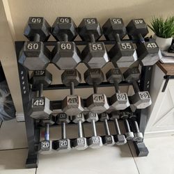 Dumbbell weights 5-60lbs plus rack 560lbs total