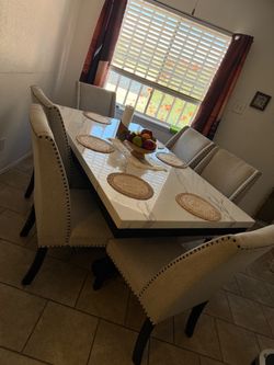 Dining Table Set with 6 Upholstered Chairs