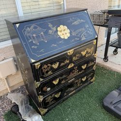 Vintage Black Lacquer Chinoiserie Secretary Desk – Hand-Painted Asian Landscape Bureau