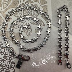 Black & Blue Stainless Steel Cross Necklace and Bracelet Set — Men's 