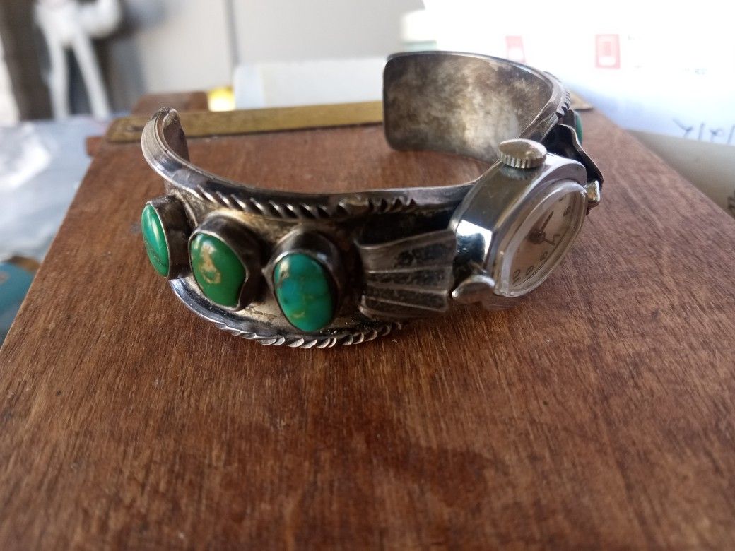 READ ENTIRE AD VINTAGE STERLING SILVER CUFF WATCH WITH TURQUOISE