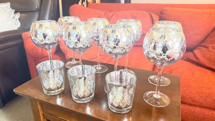 Z Gallerie Silver Etched Glassware Set – 11 Pieces – Wine Goblets & Rocks Glasses