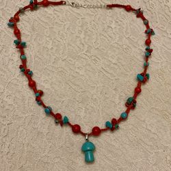 21” Handcrafted Turquoise Mushroom Boho Macramé Necklace 