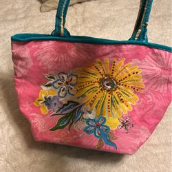 Pink And Teal Hand Painted Tote 