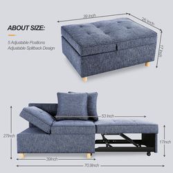 SEJOV Sofa Bed 4-in-1 Convertible Sofas & Couches, 3-Seat Linen Fabric loveseat Sofa with 2 Throw Pillow, Single Recliner for Small Space with 5 Adjus