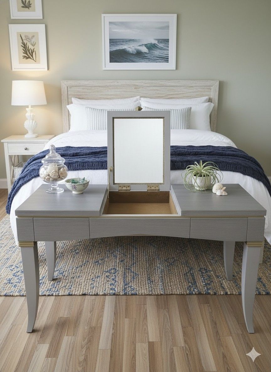 Refinished Gray Vanity with Lift-Up Mirror & Storage – Modern Makeup Table