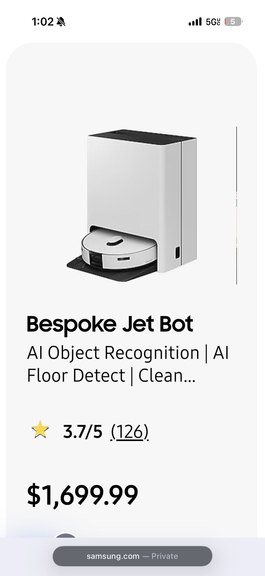 Robot Vacuum Samsung Bespoke Jet Bot AI + β Like New, Used Only a Few Times!