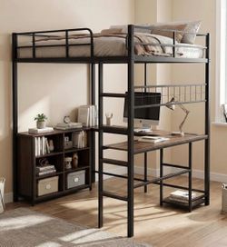 Garvee Loft Bed Full Size with U-Shaped Desk, 6 Storage Cubbies, Power Outlet, Bed Frame with LED & PC Stand, Heavy Duty Metal Bed Frame with Widened 