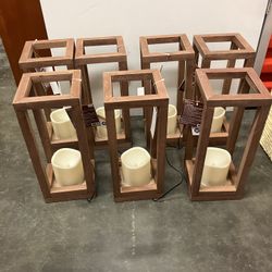 7 Wooden Pillars W/ Battery Candles- NEW