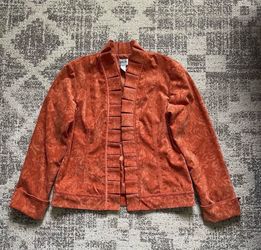 Chico’s Orange Brocade Embossed Bohemian Corduroy Open Ruffle jacket- size 1 (Medium)