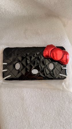 Loungefly Black Quilted Patent Hello Kitty Clutch with Red Bow