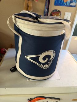 This is a Logo Brands Los Angeles Rams soft-sided cooler bag. 24 cans