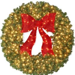 Best Choice Products 48in Large Artificial Pre-Lit Fir Christmas Wreath Holiday Accent Decoration for Door, Mantel w/Red Lighted Bow, 250 LED Lights, 