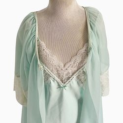 Vintage La Notte Green Chiffon Peignoir Lingerie Slip Dress Robe Set Lace Small