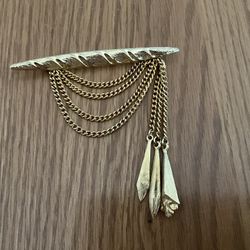 Gold Tone Bar Pin With Chains
