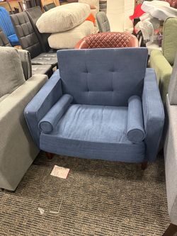Mid-Century Modern Navy Blue Corduroy Fabric Upholstery Arm Chair with 2 Bolster Pillows (Set of 1)