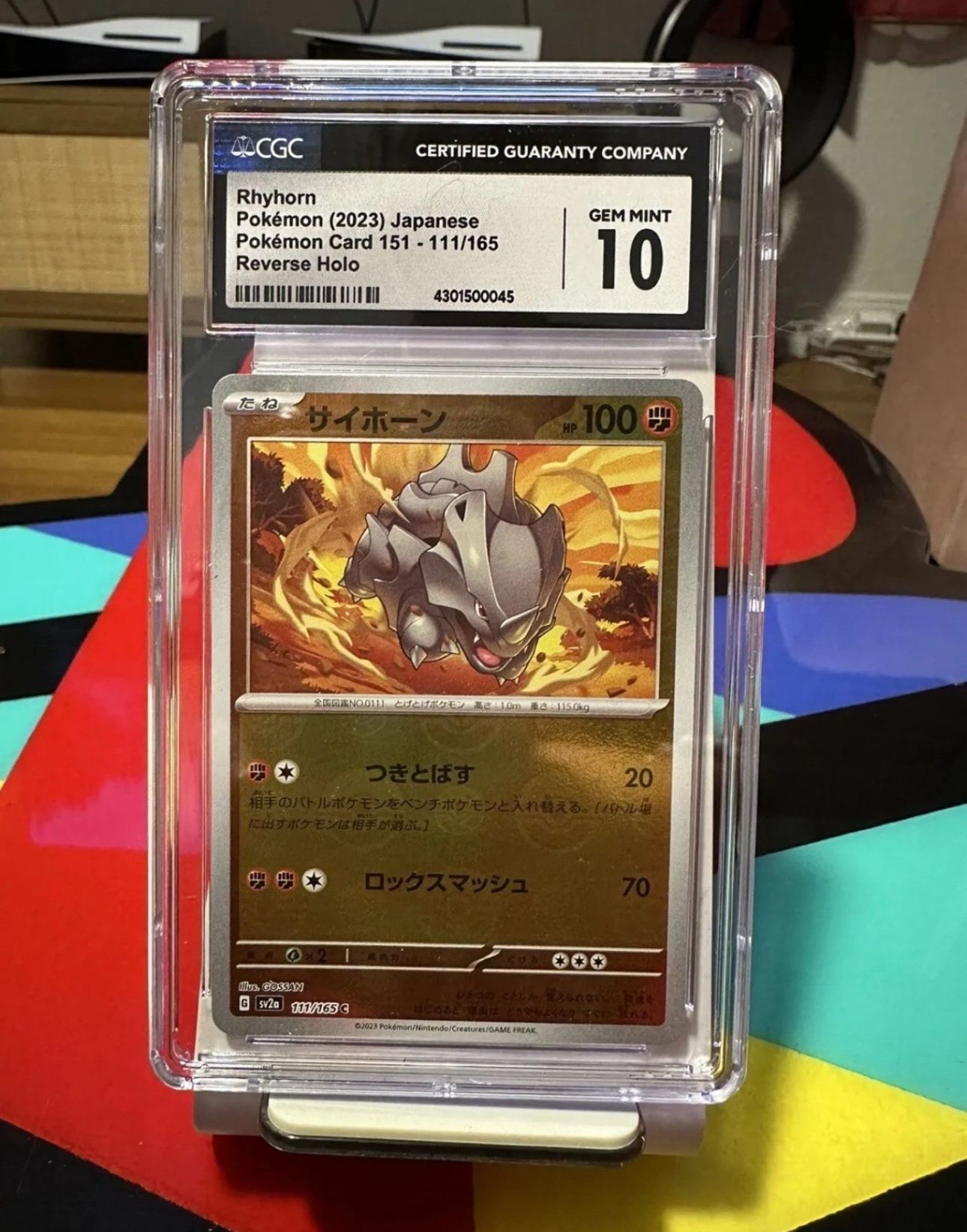 CGC 10 GEM MINT Rhyhorn Pokemon 151 Japanese 2023 Poke Ball Reverse Holo 111/165