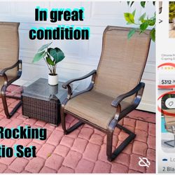$75 Steel Patio Set of Rocking High back chairs and table with glass top in great condition