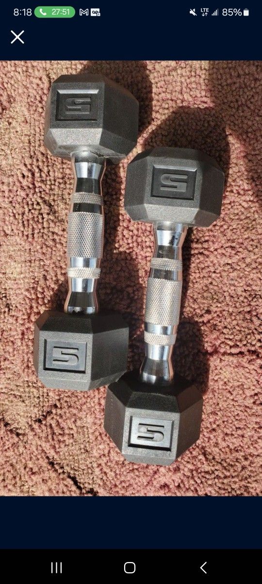 SET OF 5LB RUBBER COATED HEXHEAD DUMBBELLS. TOTAL 10LBs. 
7111  S. WESTERN WALGREENS 
$15   CASH ONLY.  AS IS