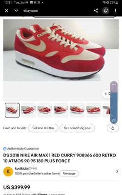 Nike Air Max 1 Premium Retro "Red Curry" (Style: 908366 600), a 2018 release that pairs a "Tough Red" and "Rush Red" suede upper with a "Mushroom" mes