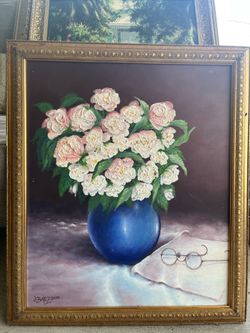 Framed painting of white and pink flowers in blue vase