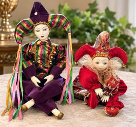 π Set of 2 Ganz Harlequin Jester Porcelain Dolls β 18β & 12β
