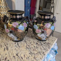 2 Peacock Floral Japanese Vases.  13 Inches