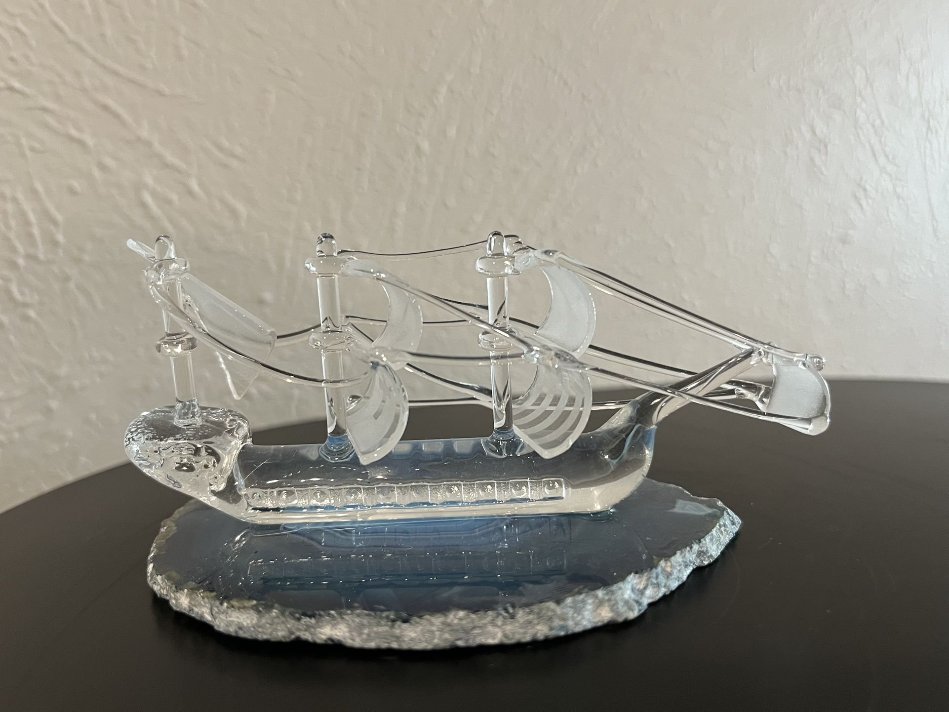 Spun Glass Sailing Ship On A Blue Geode