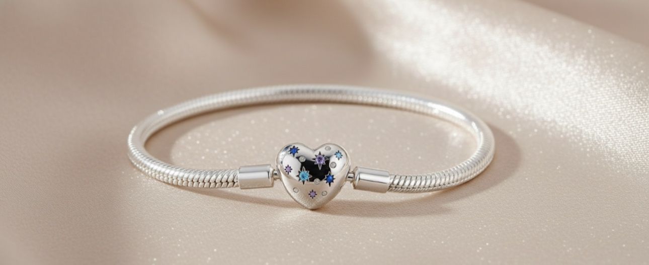 Pandora Style 925 Sterling Silver Heart Bracelet with Blue Star Enamel Design | Elegant Celestial Gift for Her