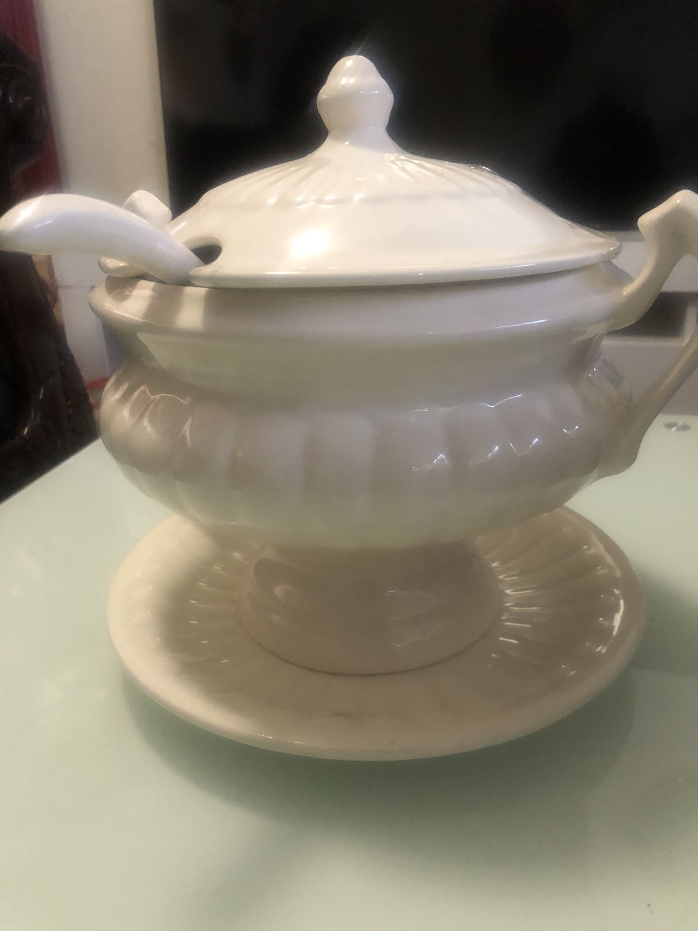 Soup Bowl Ceramic White Colored With Ladle Perfect For Thanksgiving And Christmas Table 