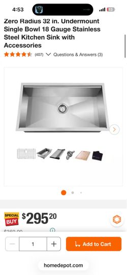 Glacier Bay Zero Radius 32 in. Undermount Single Bowl 18 Gauge Stainless Steel Kitchen Sink with Accessories
