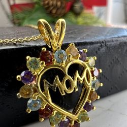 Mother's Day Gift 14K Gold Over Sterling Silver 925 MOM Heart Pendant Necklace Genuine Gemstones 925 Italy Chain