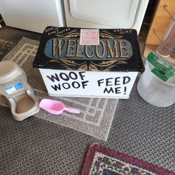 26 x 16 x 15" tall dog food storage bin + asst. feeding supplies